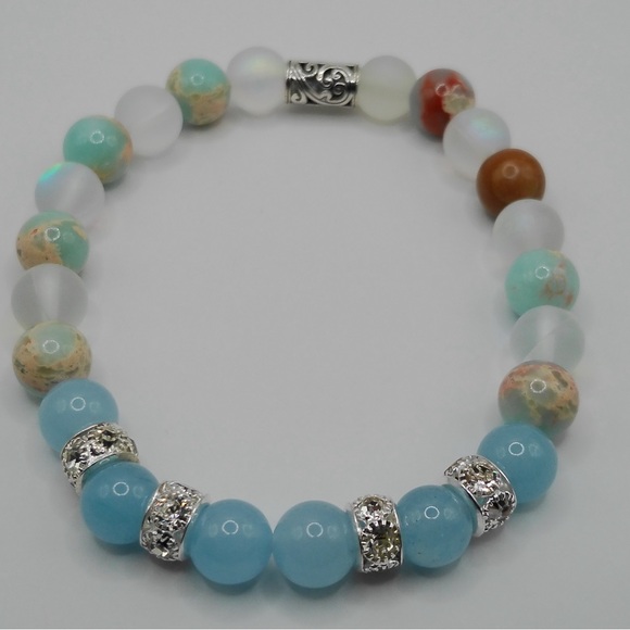 Beautiful AAA Aquamarine & African Opalite Agate & Moonstone Bracelet. - Picture 2 of 6